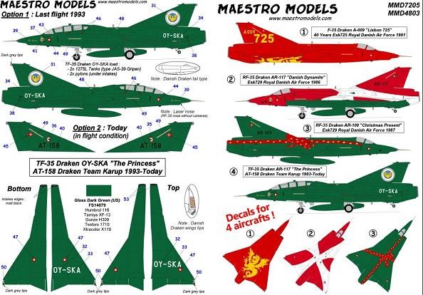 Danish SAAB 35 Draken, 4 colourful a/c incl. 2-seater. RE-PRINTED